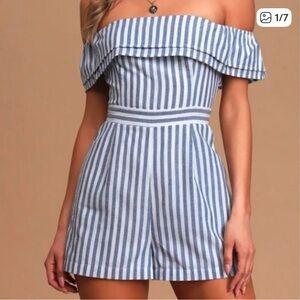 Lulus Nautical You Mine Blue and White Striped Off-Shoulder Romper